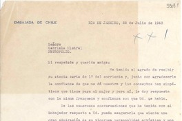 [Carta] 1943 jul. 22, Río de Janeiro [a] Gabriela Mistral, Petrópolis