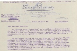 [Carta] 1946 ene. 15, Paris, [Francia] [a] Gabriela [Mistral]