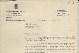 [Carta] 1948 jul. 21, Santiago, Chile [a] Gabriela Mistral, Consulado de Chile, Los Angeles, [EE.UU.]