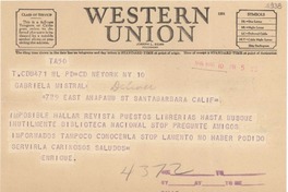 [Telegrama] 1948 mar. 10, New York [a] Gabriela Mistral, Santa Bárbara