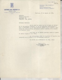 [Carta] 1950 ago. 25, Santiago, [Chile] [a] Gabriela Mistral, Veracruz, México