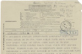 [Telegrama] 1946, Estocolmo [a] Gabriela Mistral, París