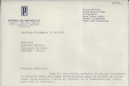 [Carta] 1952 nov. 20, Santiago, [Chile] [a] Gabriela Mistral, Consulado de Chile, Nápoles, Italia