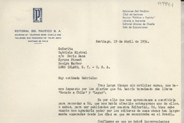 [Carta] 1954 abr. 19, Santiago, [Chile] [a] Gabriela Mistral, Roslyn Harbor, Long Island, N. Y., EE.UU.