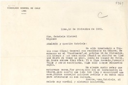[Carta] 1951 dic. 10, Lima, [Perú] [a] Gabriela Mistral, Nápoles, [Italia]