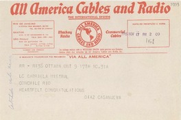 [Telegrama] 1945 nov. 17, Ottawa [Canada] [a] Gabriela Mistral, Río de Janeiro