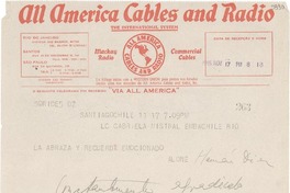 [Telegrama] 1945 nov. 17, Santiago, Chile [a] Gabriela Mistral, Río de Janeiro