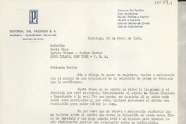 [Carta] 1955 abr. 29, Santiago, [Chile] [a] Doris Dana, Roslyn Harbor, Long Island, New York, EE.UU.