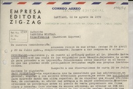 [Carta] 1939 ago. 1, Santiago, [Chile] [a] Señorita Gabriela Mistral, Niza, Francia