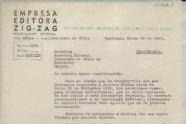 [Carta] 1940 mar. 28, Santiago, [Chile] [a] Señorita Gabriela Mistral, Consulado de Chile en Nitcteroy [Niteroy], Brasil