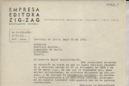 [Carta] 1940 mayo 16, Santiago, Chile [a] Gabriela Mistral, Consulado de Chile, Nitcteroy, Brasil