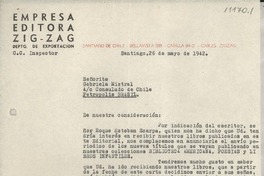 [Carta] 1942 mayo 26, Santiago, Chile [a] Gabriela Mistral, Petrópolis, Brasil
