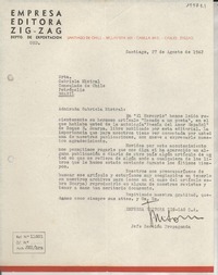 [Carta] 1942 ago. 27, Santiago, Chile [a] Gabriela Mistral, Consulado de Chile, Petrópolis, Brasil