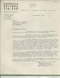 [Carta] 1946 abr. 9, [Santiago, Chile] [a] Señora Doña Gabriela Mistral, Consulado de Chile, Los Angeles, [Estados Unidos]