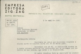 [Carta] 1946 abr. 9, [Santiago, Chile] [a] Señora Doña Gabriela Mistral, Consulado de Chile, Los Angeles, [Estados Unidos]