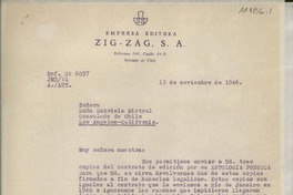 [Carta] 1946 nov. 15, Santiago, Chile [a] Gabriela Mistral, Consulado de Chile, Los Angeles, California, [EE.UU.]