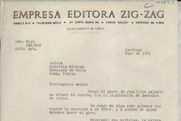 [Carta] 1951 mayo [17?], Santiago, Chile [a] Gabriela Mistral, Embajada de Chile, Roma, Italia