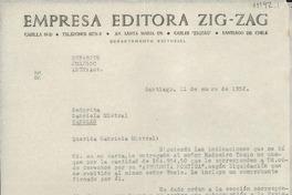 [Carta] 1952 ene. 11, Santiago, Chile [a] Gabriela Mistral, Nápoles, [Italia]