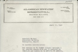 [Carta] 1945 abr. 11, New York, [EE.UU.] [a] Gabriela Mistral, Consulado de Chile, Petrópolis, Brasil