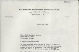 [Carta] 1945 ago. 28, New York, [EE.UU.] [a] Gabriela Mistral, Consulado de Chile, Petrópolis, Brasil