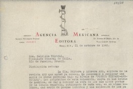 [Carta] 1942 oct. 21, México, D. F., México [a] Gabriela Mistral, Consulado General de Chile, Río de Janeiro, Brasil
