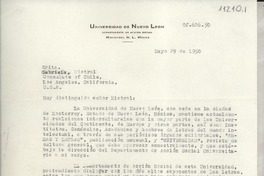 [Carta] 1950 mayo 29, Monterrey, [Nuevo León], México [a] Gabriela Mistral, Consulate of Chile, Los Angeles, California, [EE.UU.]