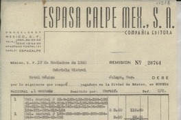 [Factura] 1950 nov. 17, México, D. F., [México] [a] Gabriela Mistral, Hotel México, Jalapa, Veracruz, [México]