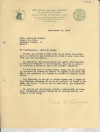 [Carta] 1933 sept. 28, New York City, [EE.UU.] [a] Gabriela Mistral, Madrid, [España]