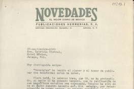 [Carta] 1949 sept. 28, México, D. F., México [a] Gabriela Mistral, Hotel México, Jalapa, Veracruz, [México]