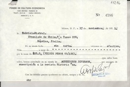 [Recibo] 1951 nov. 17, México, D. F., México [a] Gabriela Mistral, Consulado de Chile, Nápoles, Italia