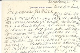 [Carta] [1945?] nov. 16, Montreal, [Canadá] [a] Gabriela [Mistral]