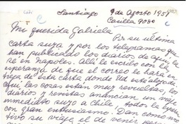 [Carta] 1951 ago. 9, Santiago [a] Gabriela Mistral