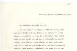 [Carta] 1952 sept. 22, Santiago, [Chile] [a] Gabriela Mistral