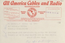 [Telegrama] 1945 nov. 18, [La] Habana, [Cuba] [a] Gabriela Mistral, Rio de Janeiro