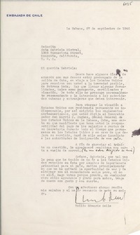 [Carta] 1946 sept. 27, La Habana, [Cuba] [a] Gabriela Mistral, Monrovia, California