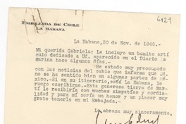 [Tarjeta] 1948 nov. 30, La Habana, [Cuba] [a] Gabriela Mistral