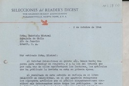 [Carta] 1944 oct. 2, Nueva York [a] Gabriela Mistral, Río de Janeiro, Brasil