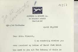 [Carta] 1946 Apr. 10, New York, [EE.UU.] [a] Gabriela Mistral, Los Angeles, California, [EE.UU.]