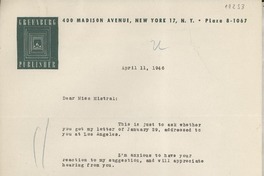 [Carta] 1946 Apr. 11, New York, [EE.UU.] [a] Gabriela Mistral, Los Angeles, Calif[ornia], [EE.UU.]