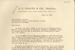 [Carta] 1946 Apr. 15, New York, [EE.UU.] [a] Gabriella [i. e. Gabriela] Mistral, Los Angeles, California, [EE.UU.]