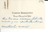 [Tarjeta de visita] 1945 nov. 16, Montreal [a] Gabriela Mistral