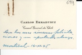 [Tarjeta de visita] 1945 nov. 16, Montreal [a] Gabriela Mistral