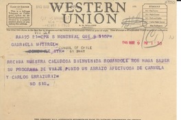 [Telegrama] 1946 mar. 9, Montreal [a] Gabriela Mistral, Nueva York
