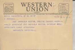 [Telegrama] 1946 May 20, New York, [EE.UU.] [a] Gabriela Mistral, Washington D.C., [EE.UU.]