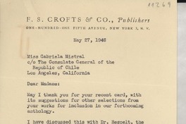 [Carta] 1946 May. 27, New York, [EE.UU.] [a] Gabriela Mistral, Los Angeles, California, [EE.UU.]