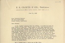 [Carta] 1946 June 13, New York, [EE.UU.] [a] Gabriela Mistral, Sierra Madre, California, [EE.UU.]