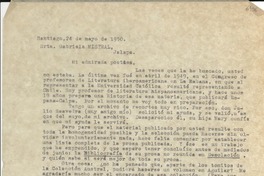 [Carta] 1950 mayo 24, Santiago de Chile [a] Gabriela Mistral, Jalapa