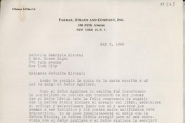 [Carta] 1946 mayo 3, New York [a] Gabriela Mistral, New York