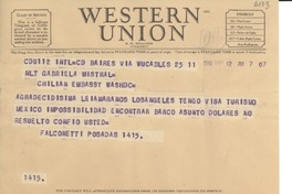 [Telegrama] 1946 mar. 12, Buenos Aires, [Argentina] [a] Gabriela Mistral, Washington D.C., [EE.UU.]
