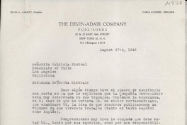 [Carta] 1946 Aug. 27, [New York], [EE.UU.] [a] Gabriela Mistral, Los Angeles, California, [EE.UU.]